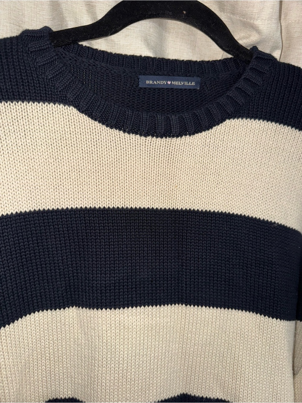 Brandy Melville Navy and Cream Striped Knit Sweater
